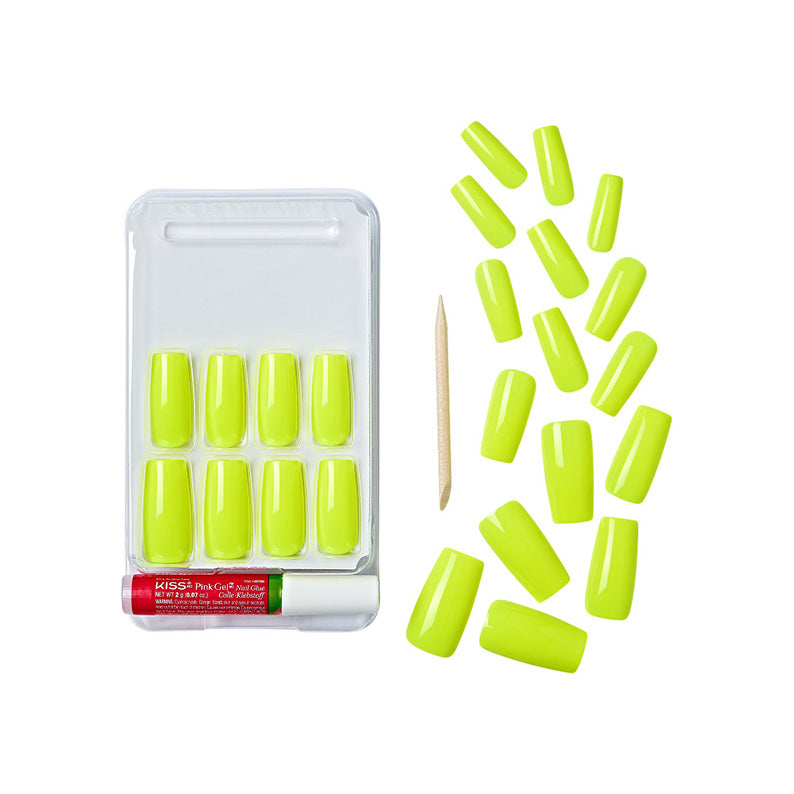 IVY BEAUTY by KISS neon lime press on nail kit with glue and wooden stick gold finger solid color press on nails
