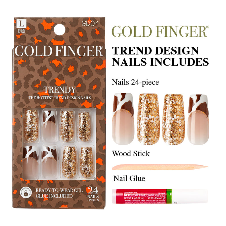 IVY BEAUTY by KISS Gold Finger trendy press on nails set with gold glitter and brown white animal print tips