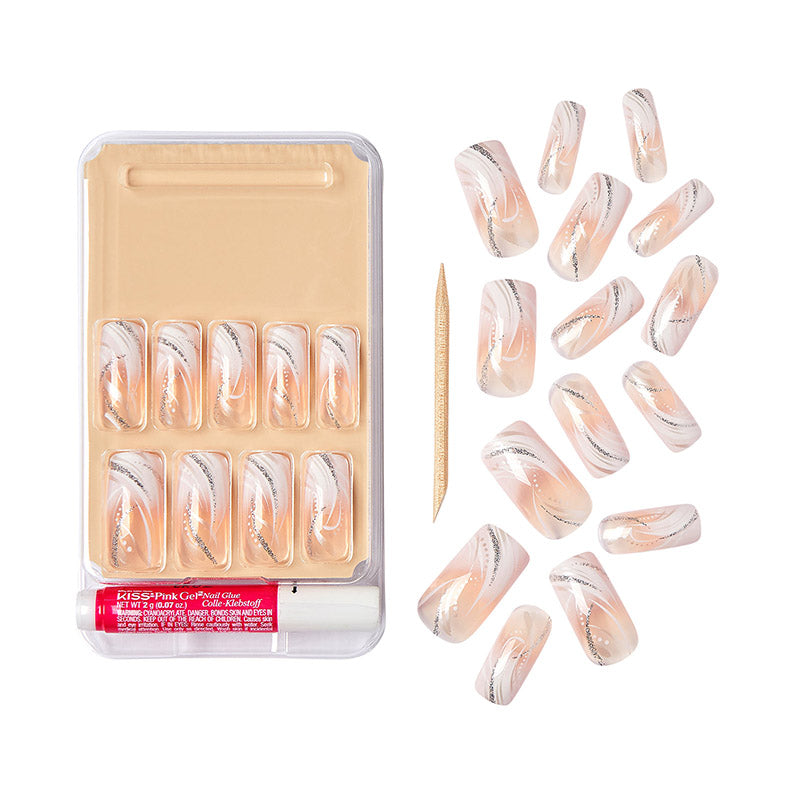 IVY BEAUTY by KISS kids press on gel nails peach marble design with silver glitter glue and wooden cuticle stick
