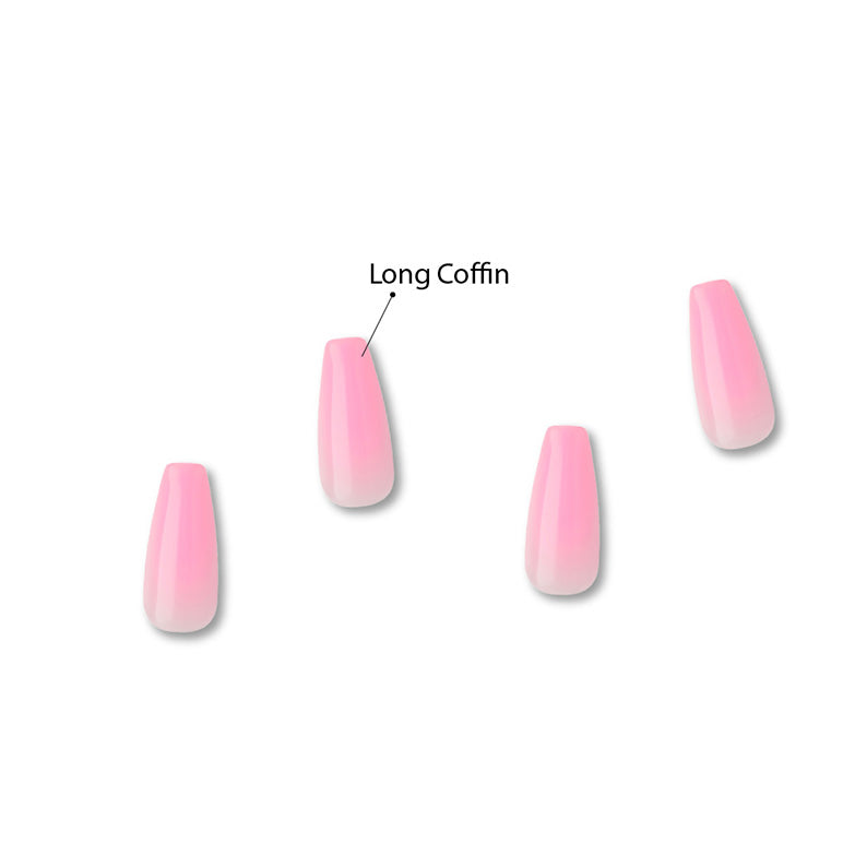 IVY BEAUTY by KISS pink jelly press on nails long coffin shape glossy gradient set on white background