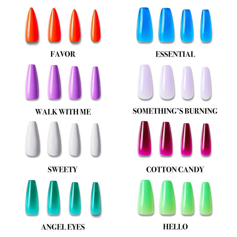 IVY BEAUTY by KISS solid color press on nails assortment showing eight colorful coffin shaped sets labeled with names