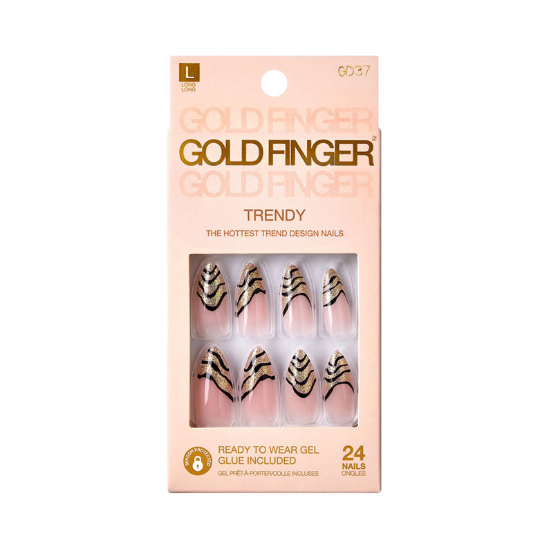 IVY BEAUTY by KISS gold finger trendy press on nails pink nude set with black and metallic gold zebra stripes