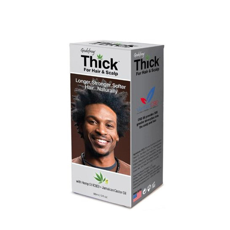 GODEFROY Thick hair thickening scalp oil box showing product packaging with smiling man and hemp castor oil callouts