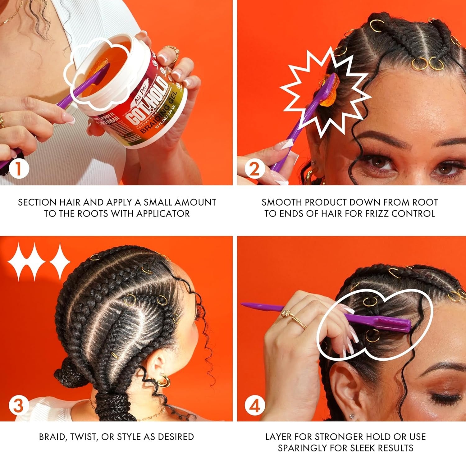 EBIN extreme hold braiding gel application steps showing comb applicator smoothing and neat cornrow braids