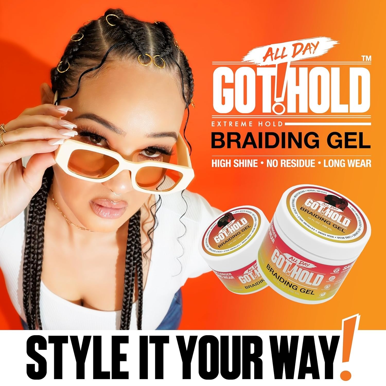 EBIN model with braided hairstyle and product jars of extreme hold braiding gel on orange background