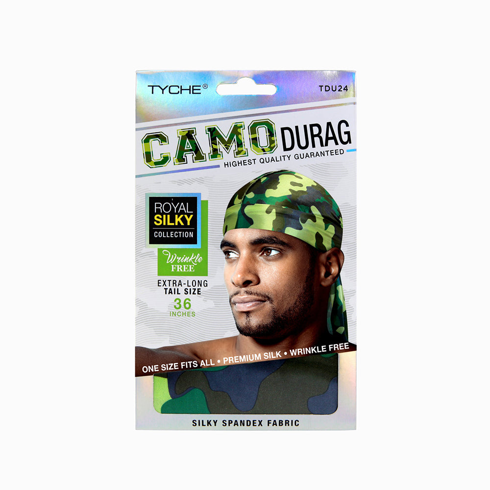 NICKA K green camo durag in silky spandex fabric with extra-long tail and wrinkle-free design