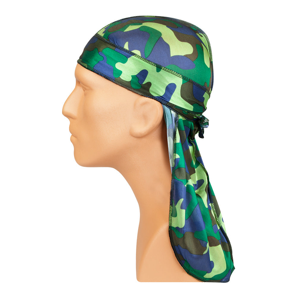 NICKA K green camo durag displayed on beige mannequin head with blue and green camouflage pattern