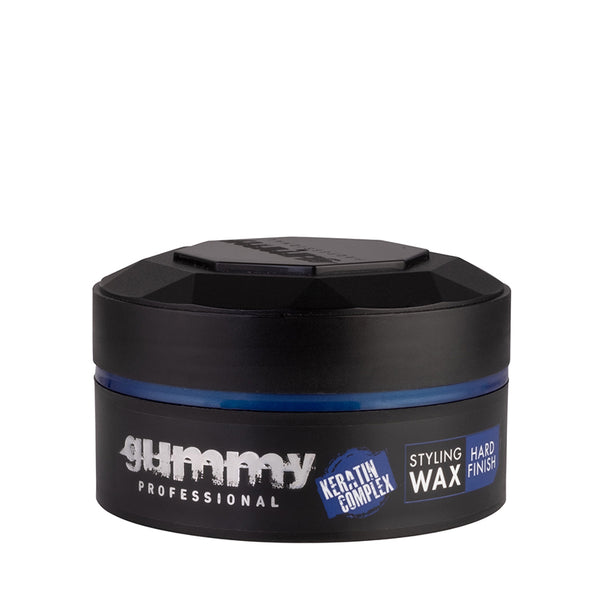Gummy styling wax hard finish in black round jar with blue band and GUMMY Professional keratin complex label