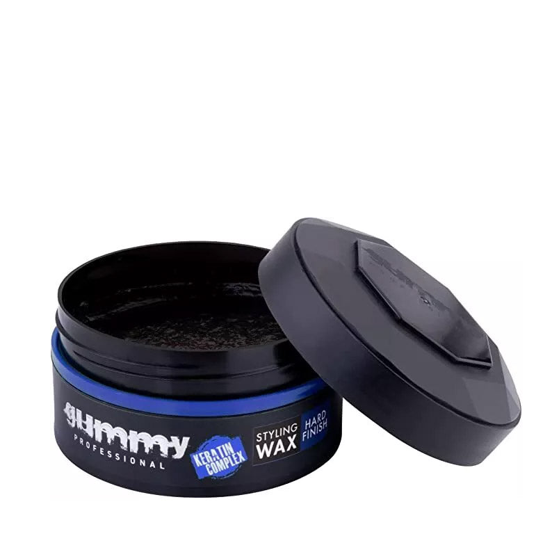 Gummy styling wax hard finish open black jar with blue label keratin complex professional hair styling wax
