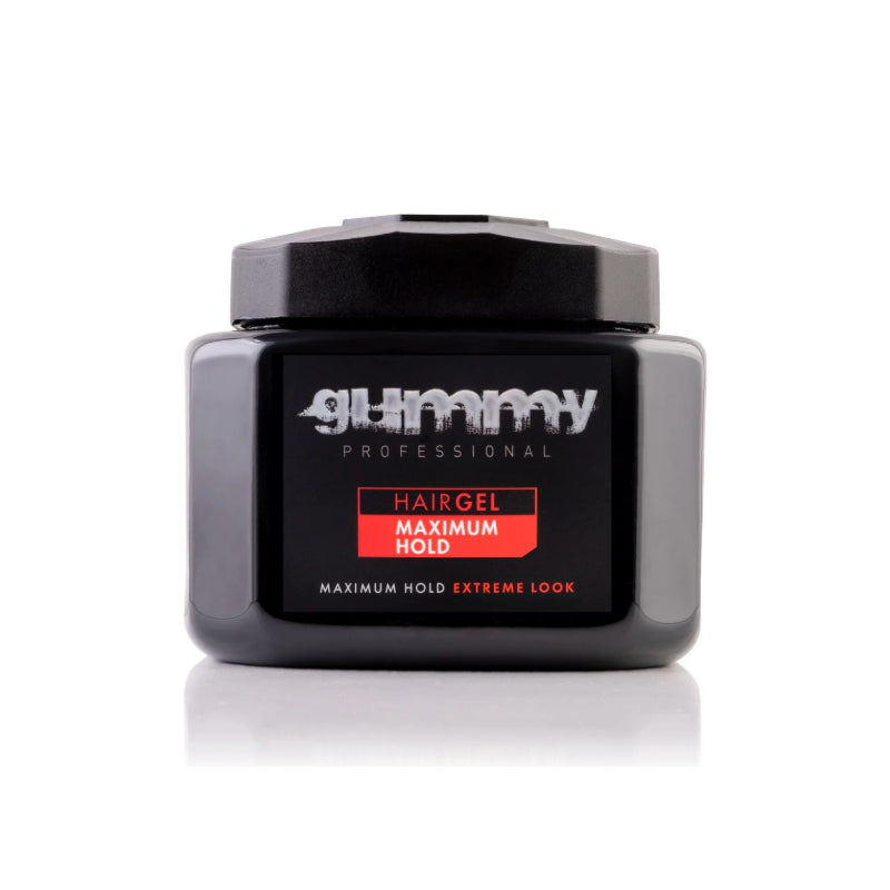 Gummy maximum hold hair gel in black jar for professional extreme hold and styling