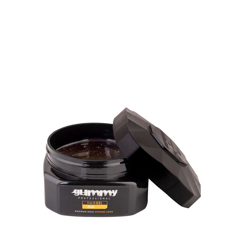 GUMMY maximum hold hair gel in black jar with open lid showing dark gel and gold flecks for strong styling