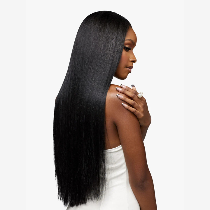 SENSATIONNEL 4x5 closure straight wig 12 inch on model with long sleek black straight hair