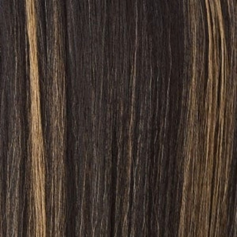 SENSATIONNEL Butta Lace Unit 14 wig close up dark brown synthetic hair with honey blonde highlights