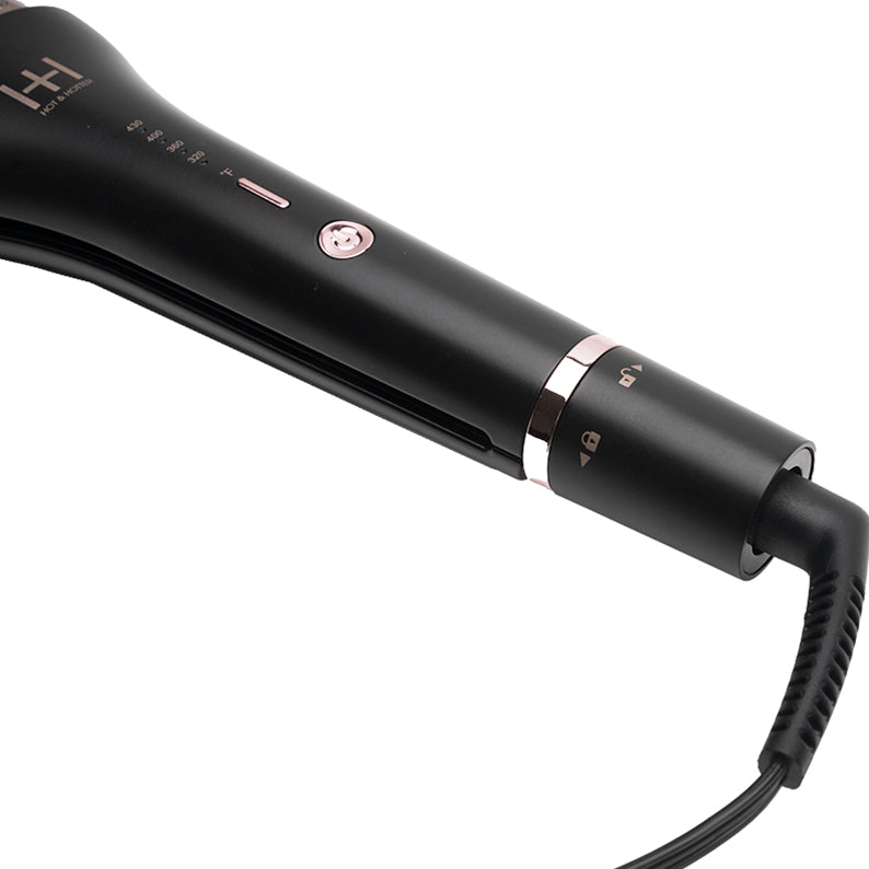 ANNIE 4-in-1 hair waver in matte black with rose gold accents and digital temperature controls