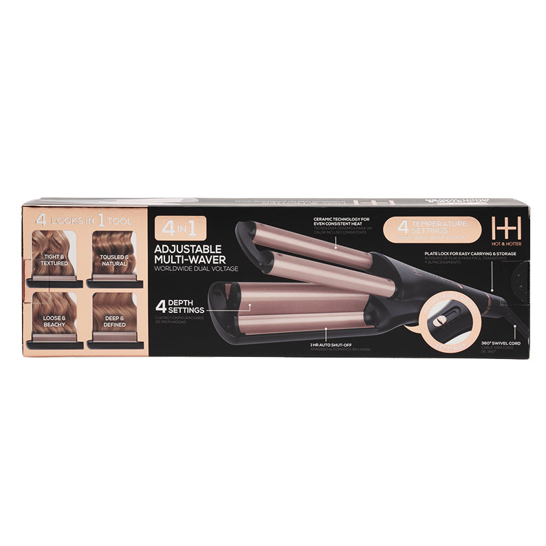 ANNIE 4-in-1 hair waver rose gold and black adjustable multi waver on retail box showing 4 depth and temperature settings