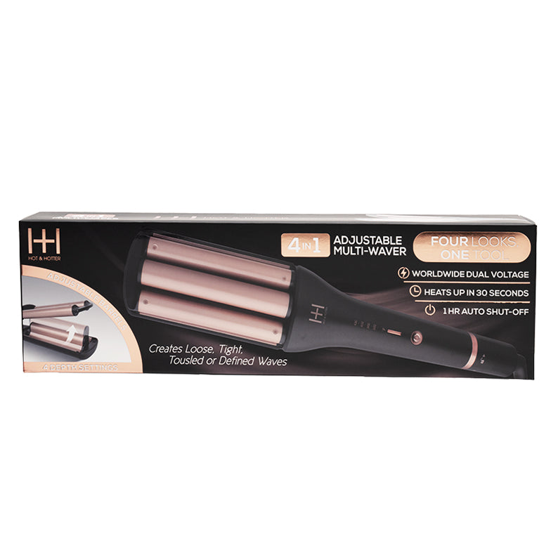 ANNIE 4-in-1 hair waver retail box showing rose gold triple barrel adjustable multi waver and features