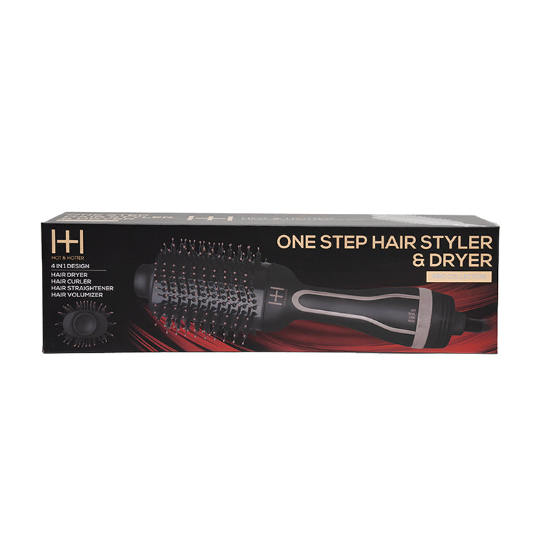 ANNIE one step hair styler and dryer in black showing oval bristle brush and product packaging