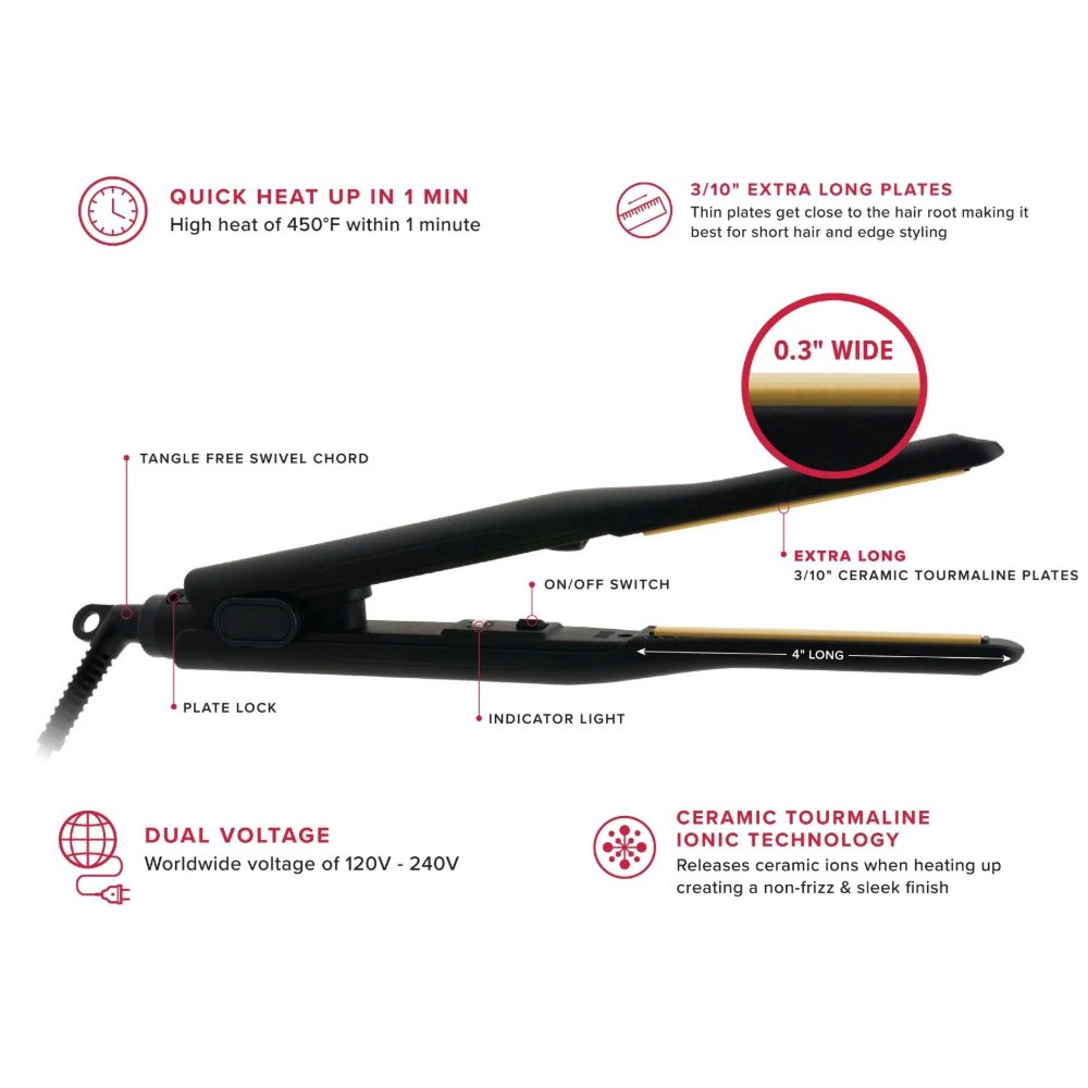 ANNIE pencil ceramic flat iron for edges with 0.3 inch tourmaline plates dual voltage black