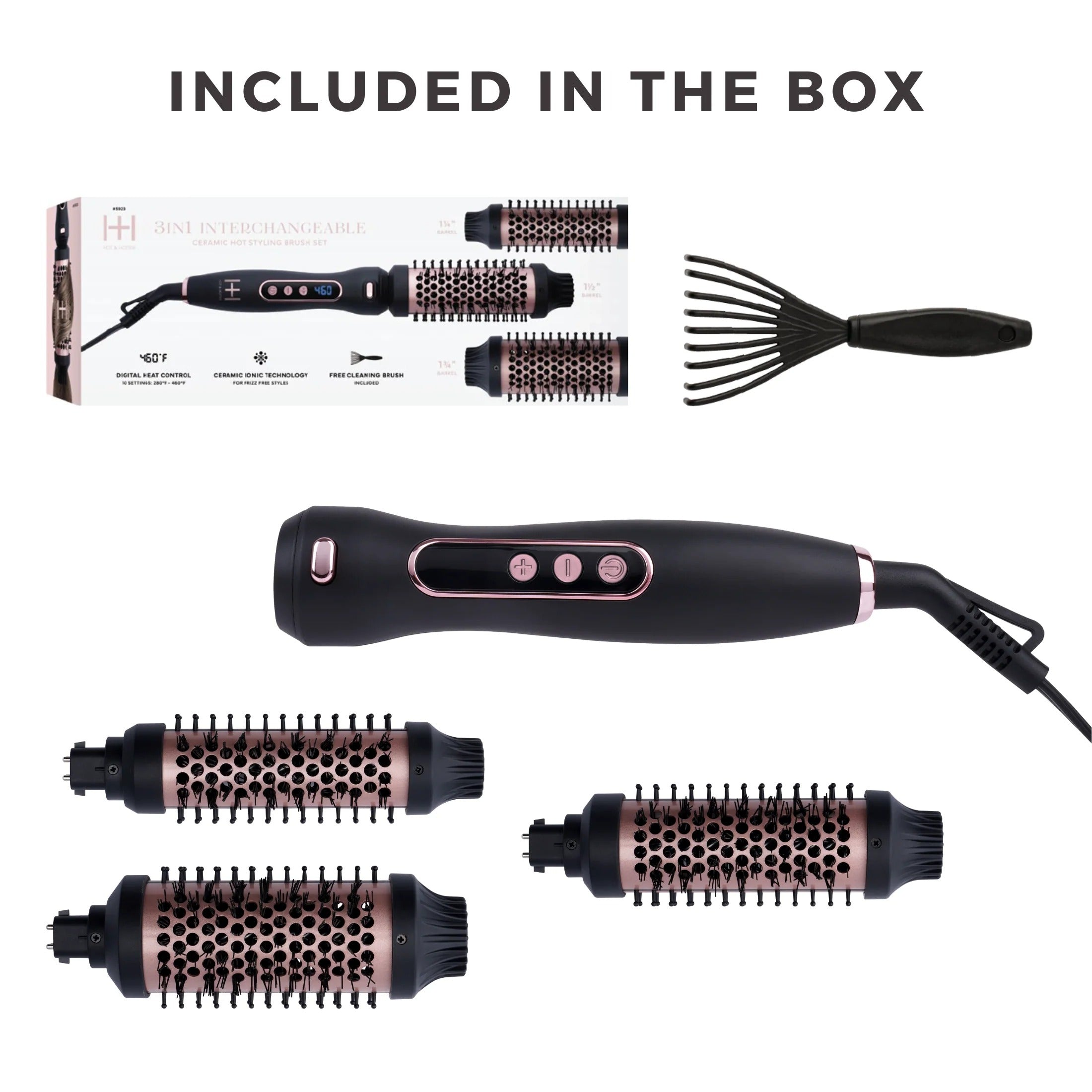 ANNIE 3 in 1 ceramic hot styling brush kit with handle four round brush attachments and detangling pick