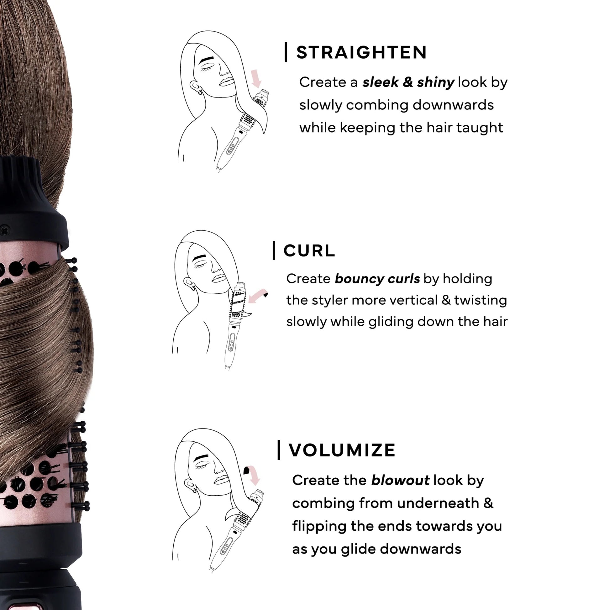 ANNIE 3 in 1 ceramic hot styling brush with hair wrapped and illustrations showing straighten curl volumize