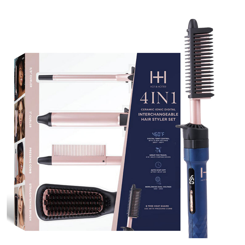 ANNIE 4-in-1 ceramic hair styler interchangeable rose gold attachments with blue handle for curling straightening