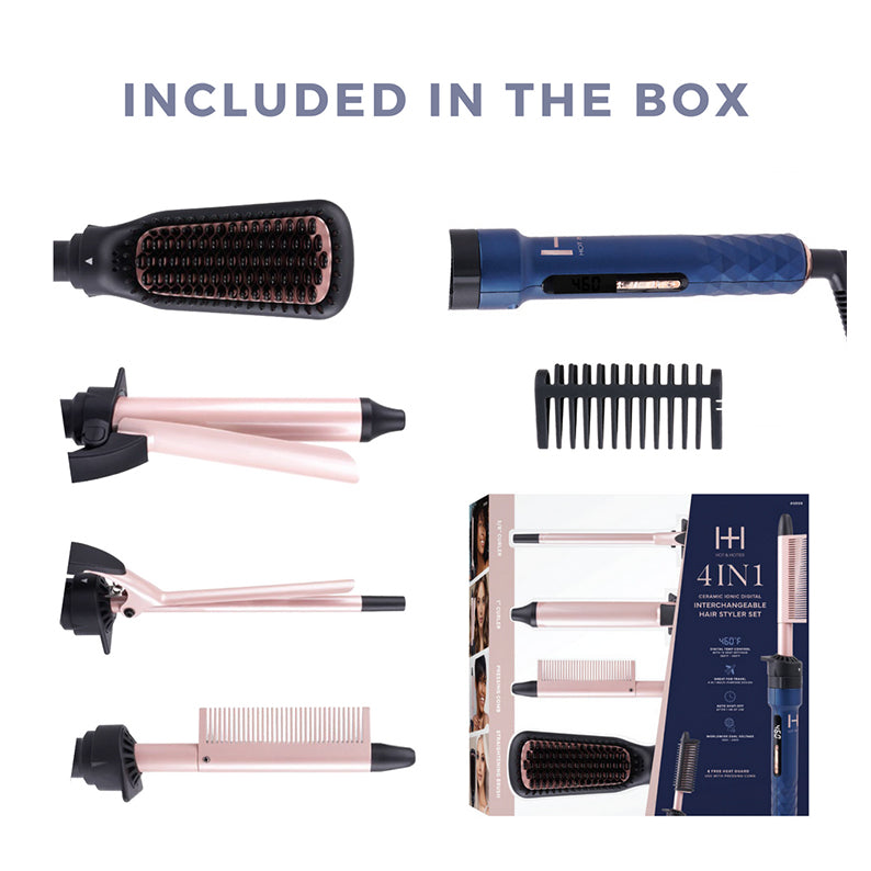 ANNIE 4-in-1 ceramic hair styler with interchangeable brush flat iron curling wand crimper and comb attachments