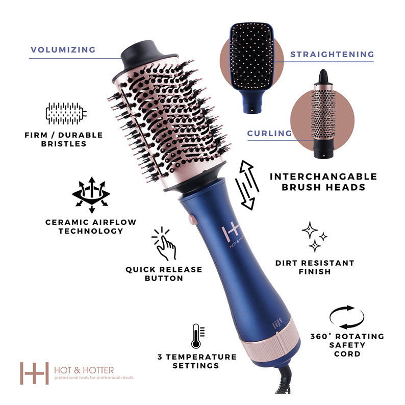 ANNIE all-in-one hair dryer brush in blue and rose gold with interchangeable heads for volumizing straightening curling