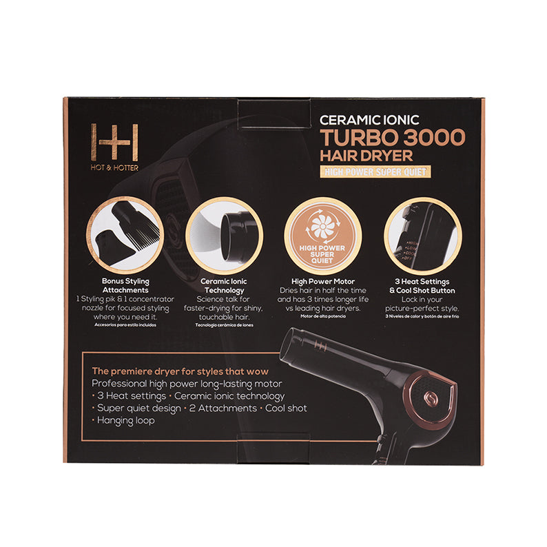 ANNIE Turbo 3000 ceramic ionic hair dryer box showing dryer image attachments and feature icons