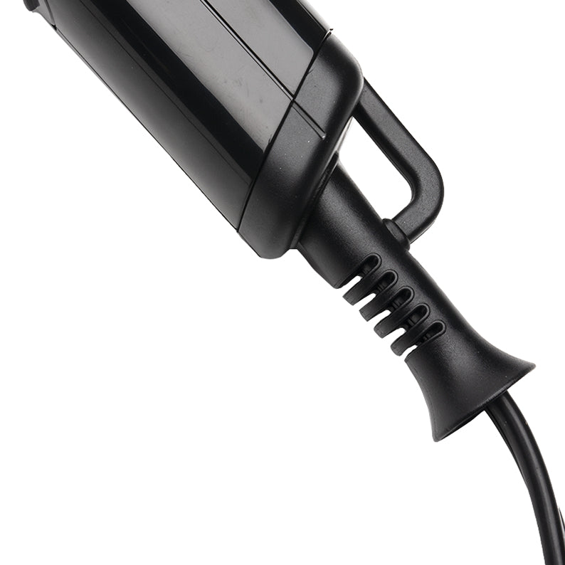 ANNIE black ceramic ionic hair dryer close up of handle cord and hanging loop for salon styling