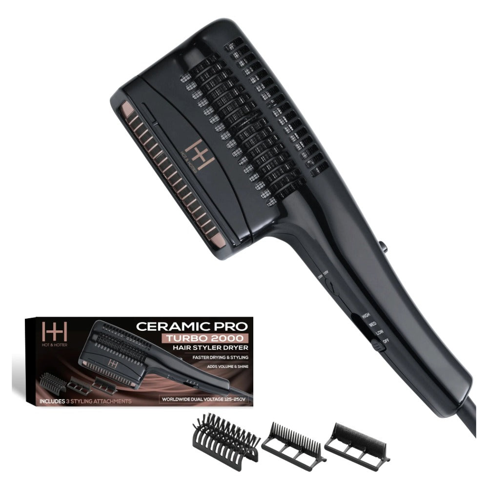 ANNIE ceramic pro turbo hair styler dryer black hot air brush with three styling attachments and box