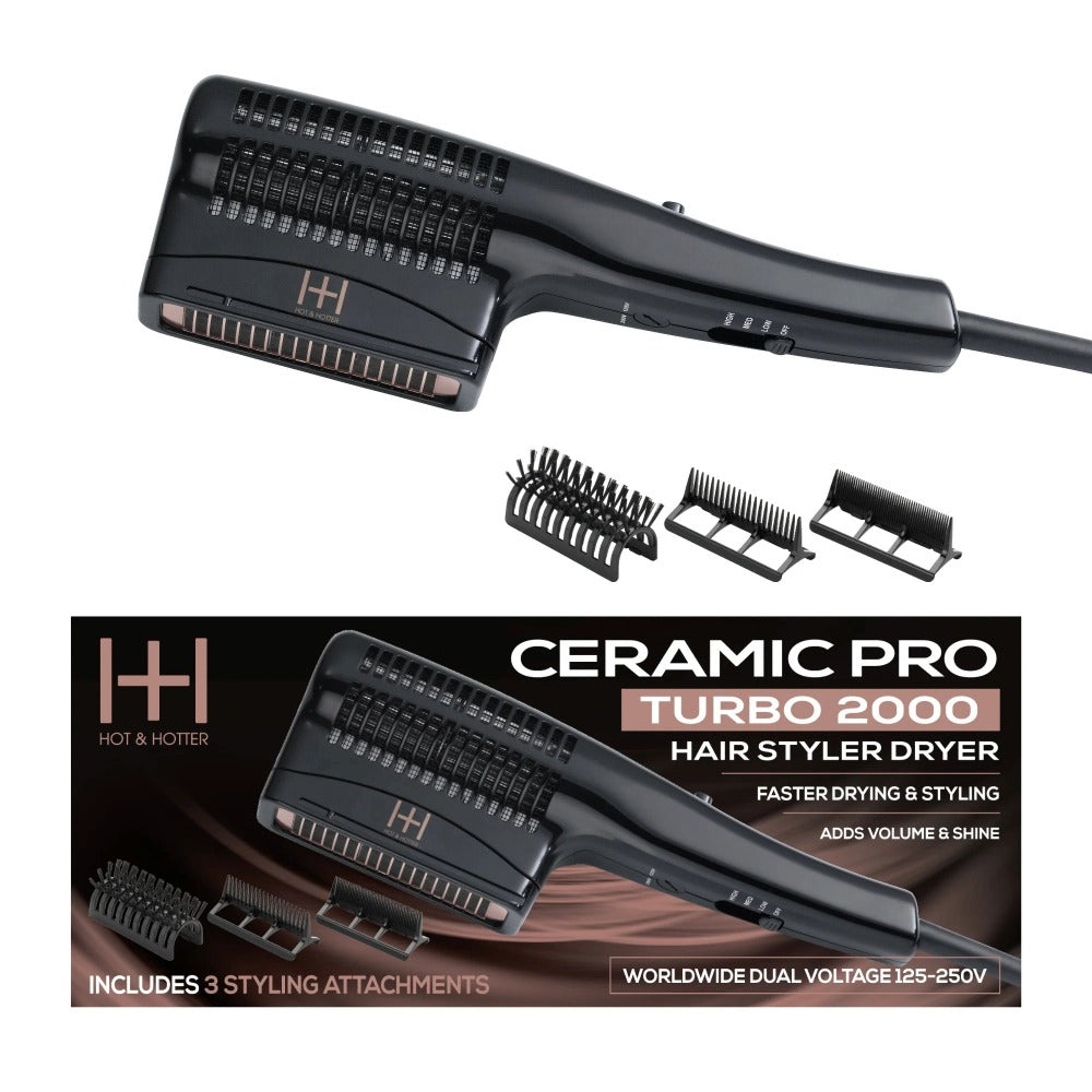 ANNIE ceramic pro turbo hair styler dryer in black with three detachable styling attachments and travel voltage