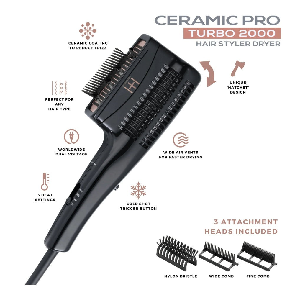 ANNIE ceramic pro turbo hair styler dryer in black with three attachment heads and vented hatchet design