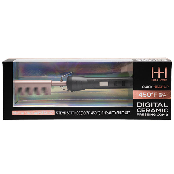 ANNIE digital ceramic pressing comb in rose gold and black with LCD display and retail packaging