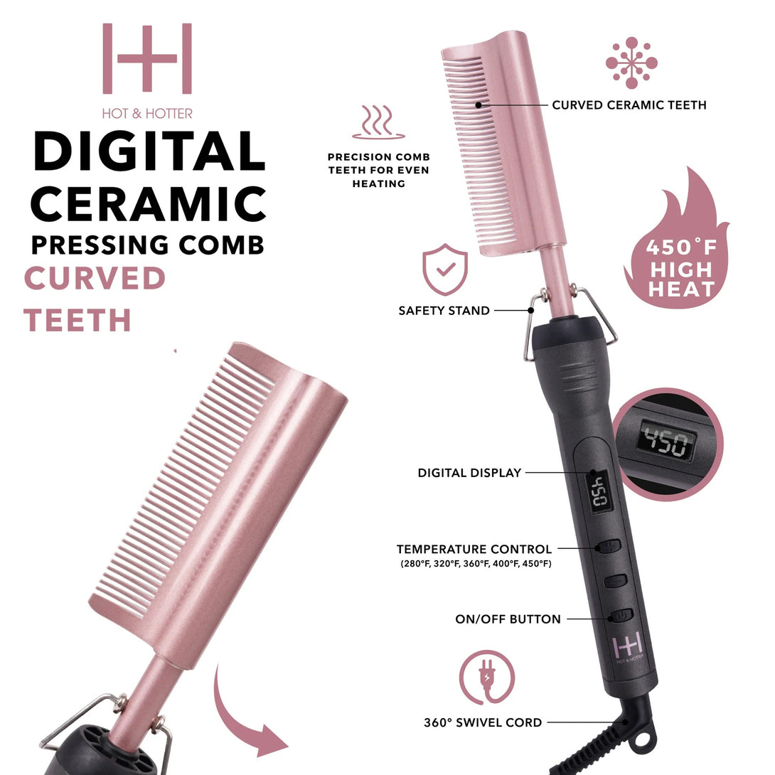 ANNIE digital ceramic pressing comb rose gold with curved ceramic teeth and digital temperature display