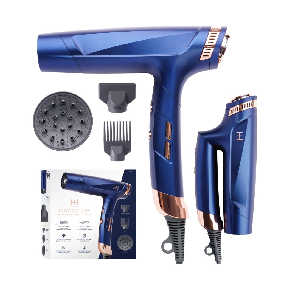 ANNIE blue foldable brushless hair dryer with rose gold accents, folding handle and diffuser comb attachments