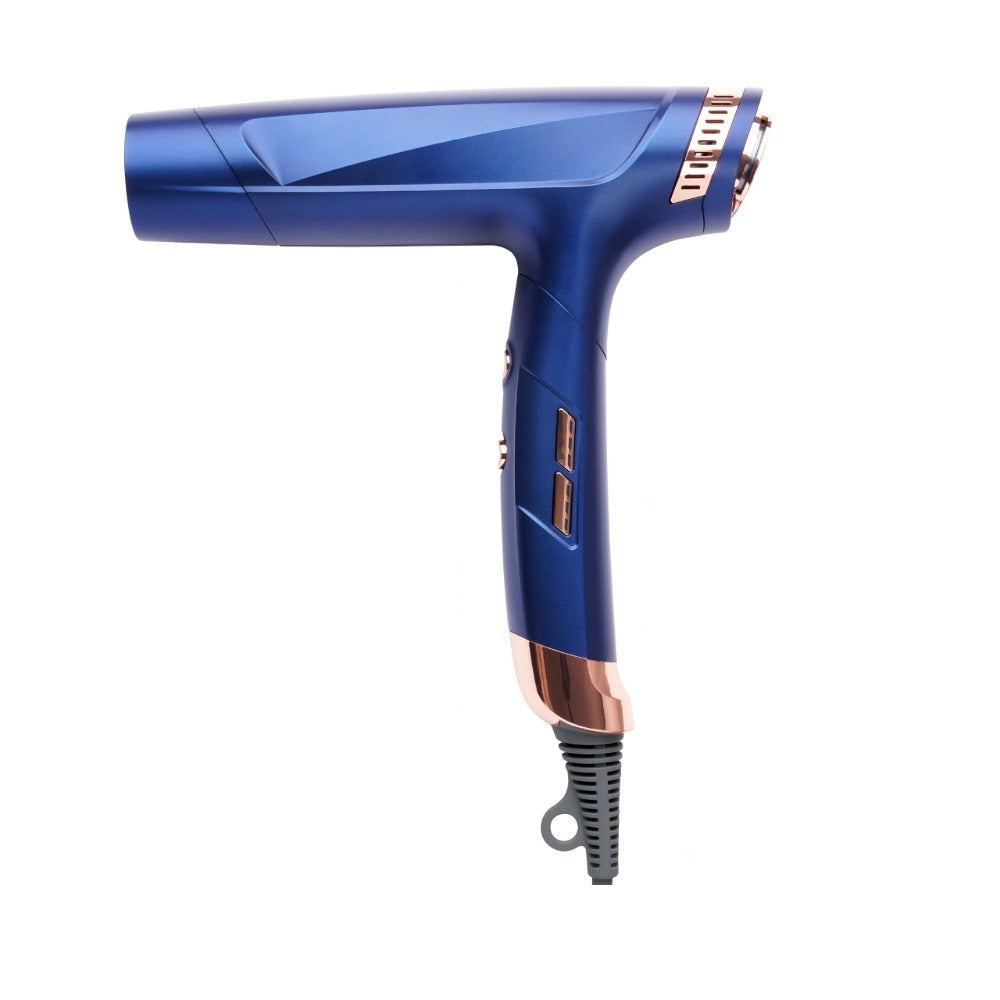 ANNIE foldable brushless hair dryer metallic blue compact design with rose gold accents and dual ports