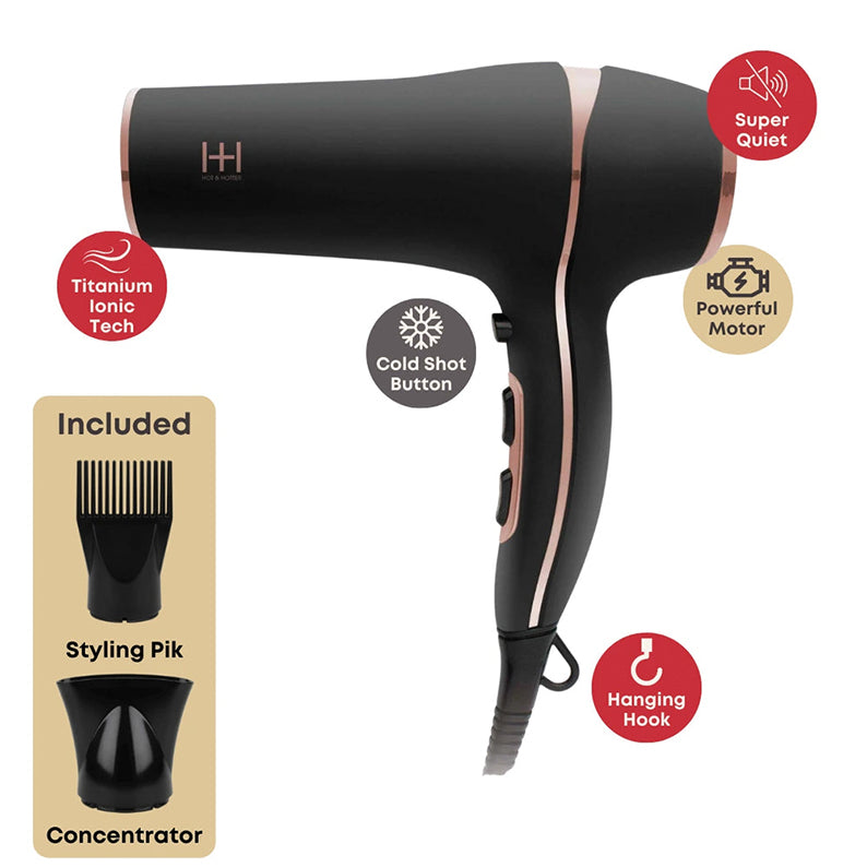ANNIE titanium turbo 3000 hair dryer matte black with rose gold trim includes concentrator and styling pick