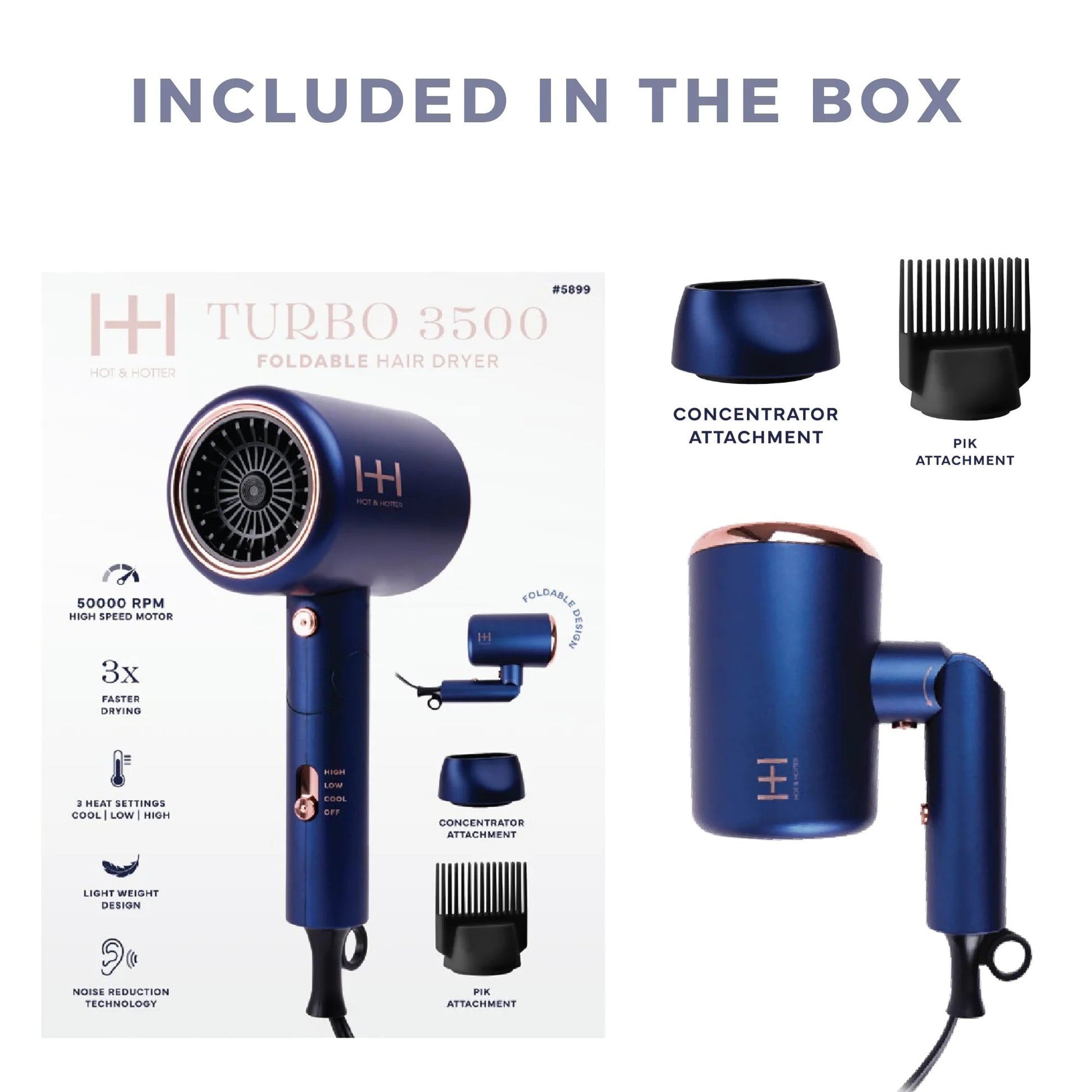 ANNIE foldable hair dryer blue with concentrator and pik attachments shown with box and travel friendly design