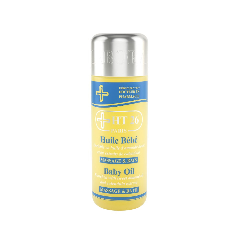 HT26 yellow bottle with silver cap labeled baby oil for massage and bath gentle calendula formula