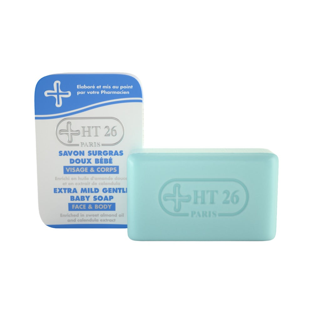 HT26 extra mild baby soap turquoise bar with blue and white box packaging for face and body