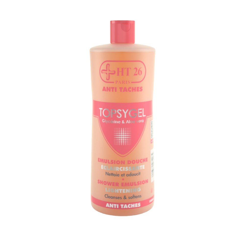 Topsygel Emulsion skin lightening cream peach pink bottle shower emulsion for cleansing and lightening skin