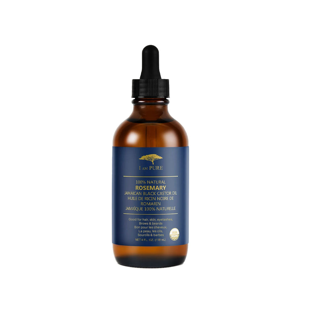I AM PURE Jamaican black castor oil with rosemary in amber dropper bottle for hair care
