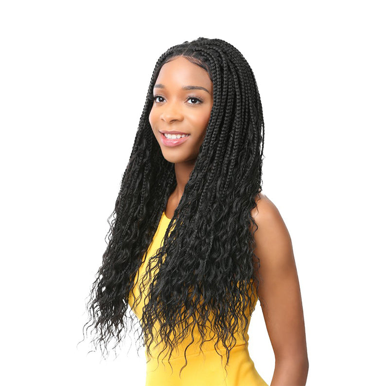 ITS A WIG 4x4 lace front boho box wig long black braids with wavy ends worn by model in yellow dress
