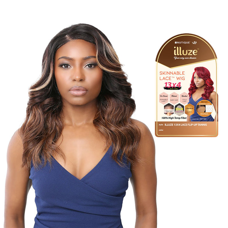 ITS A WIG premium synthetic lace front wig wavy chestnut brown with blonde highlights on model