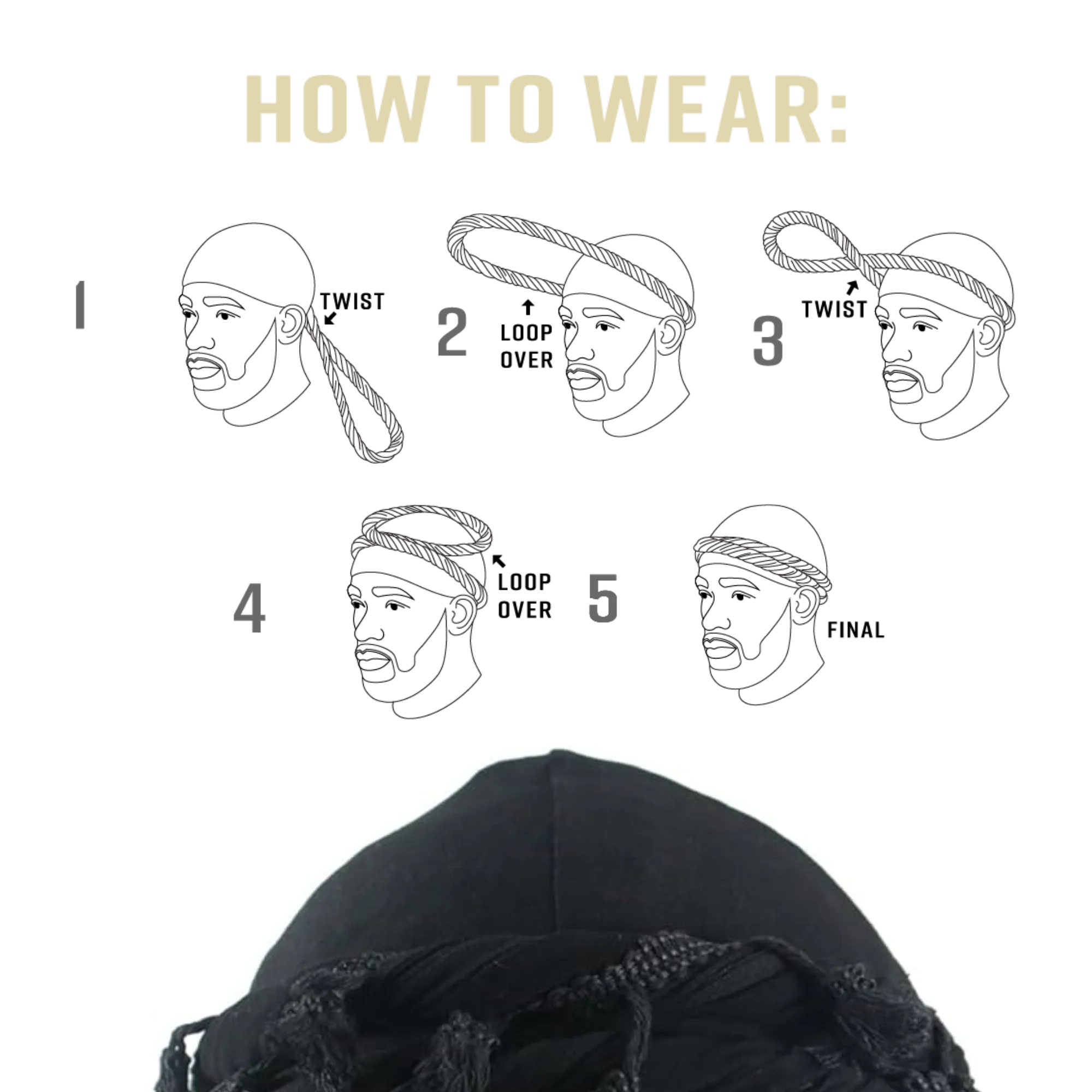 Turban couronne en élasthanne soyeux avec pompon [Noir] #04352