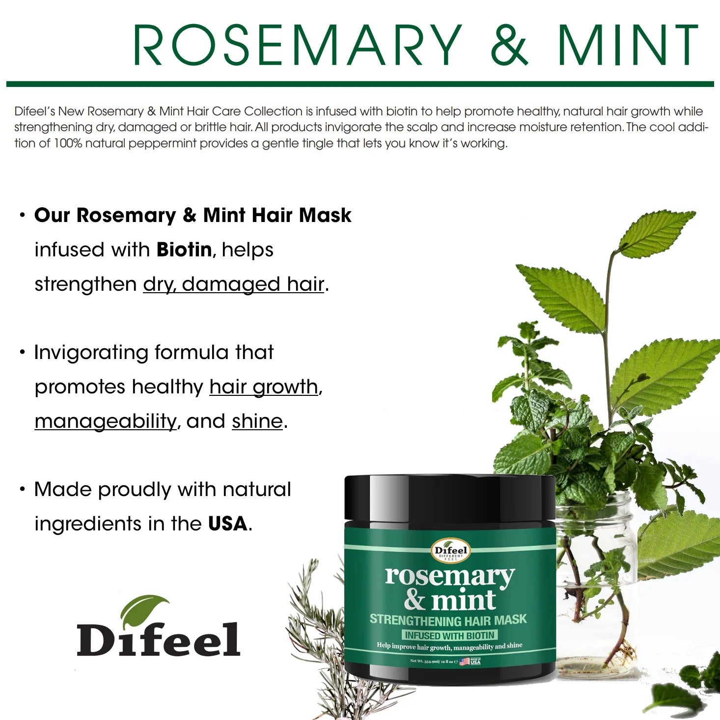 Difeel rosemary mint hair mask with biotin jar with rosemary mint sprigs and labeled benefits for dry damaged hair