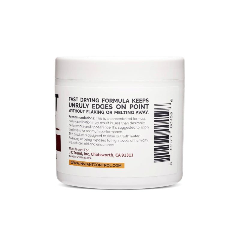 INSTANT CONTROL maximum hold edge control gel jar back label showing fast drying formula for sleek edges