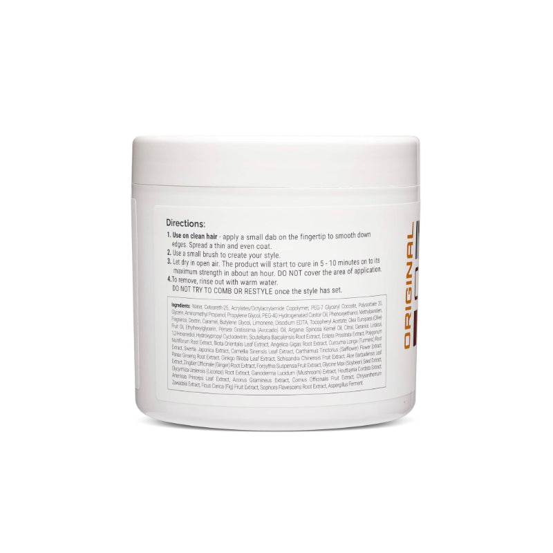 INSTANT CONTROL maximum hold edge control gel white jar showing back label and directions for styling