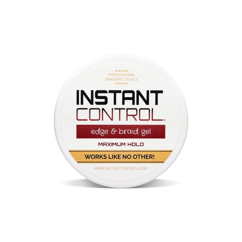 Instant Control hair care jar top view labeled edge and braid gel maximum hold edge control gel for sleek styles