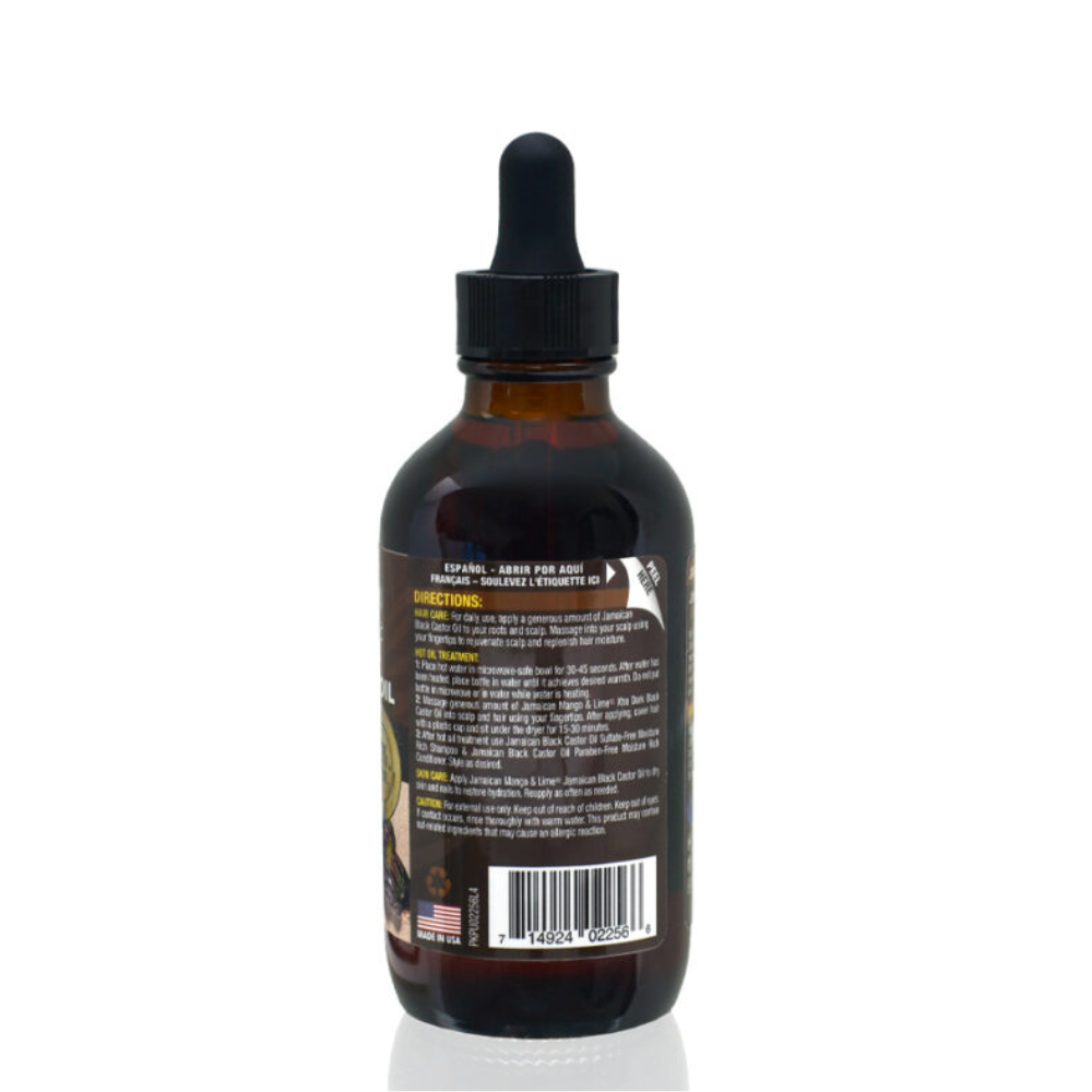 JAMAICAN MANGO and LIME brown dropper bottle showing label and barcode for Jamaican black castor oil extra dark for hair and scalp